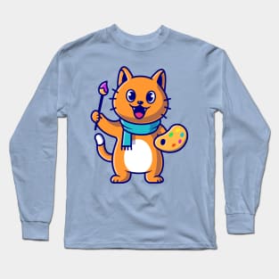 Cute Cat Painter Holding Colour Pallete And Brush Cartoon Long Sleeve T-Shirt